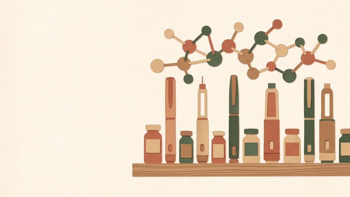 Paper-cut illustration of a shelf of injection pens and small vials with a molecule of spheres floating above